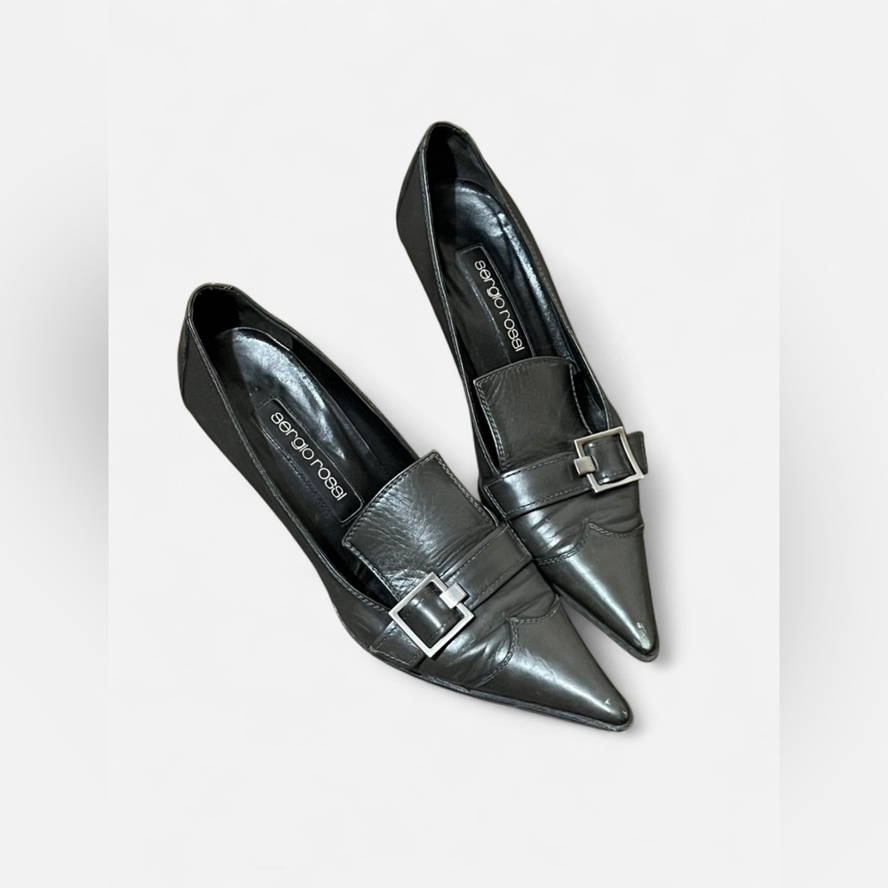 Sergio Rossi Black Leather Pointed Toe Kitten Heels